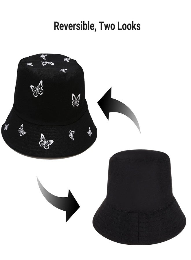 Umeepar Embroidered Bucket Hat Reversible Packable Foldable Beach Sun Hat Outdoor Cap for Women Men (Butterfly Black/Plain Black) - Image 5